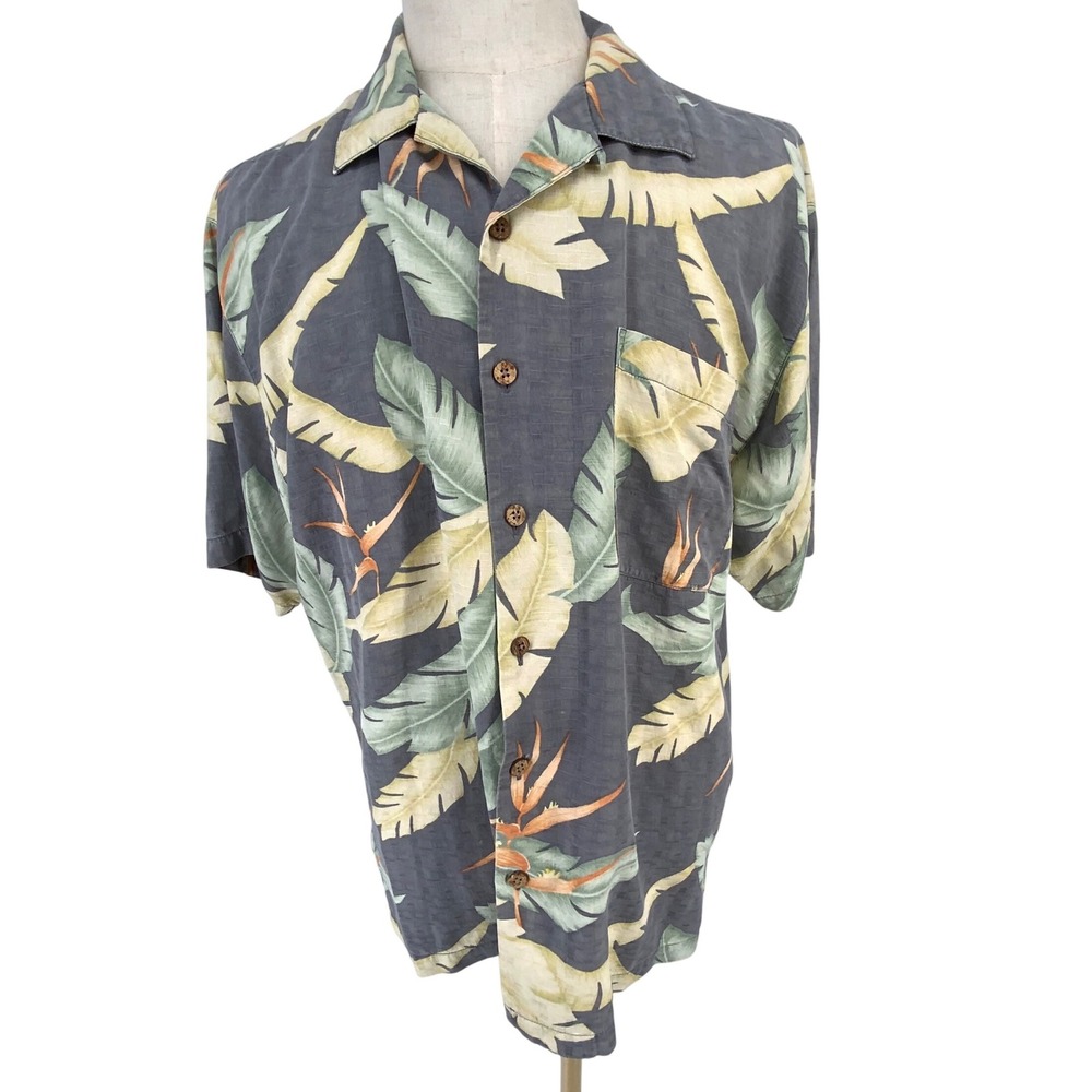 Tommy Bahama Mens Silk Tropical Floral Short Sleeve Button Up Shirt Sz L Beach‎